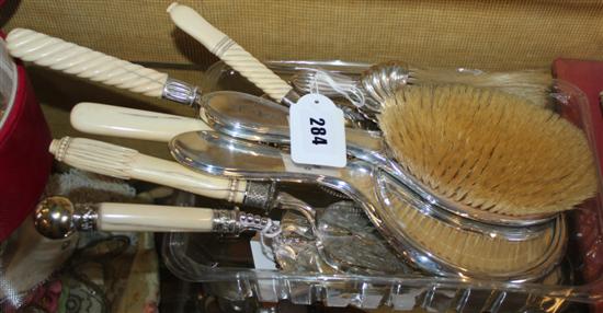 Silver-mounted hand mirror, brush & crumb brush & 5 plated crumb scoops, various